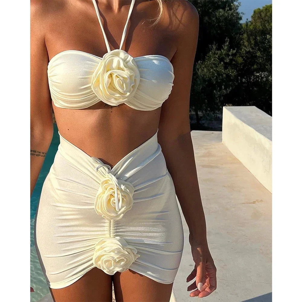 Cover Up Swimwear Women Solid Floral Lace 2024 Three Pieces Bikini Set Swimsuit V-Neck Swim Dress Cover Up Swimwear Women Solid Floral Lace 2024 Three Pieces Bikini Set Swimsuit V-Neck Swim Dress