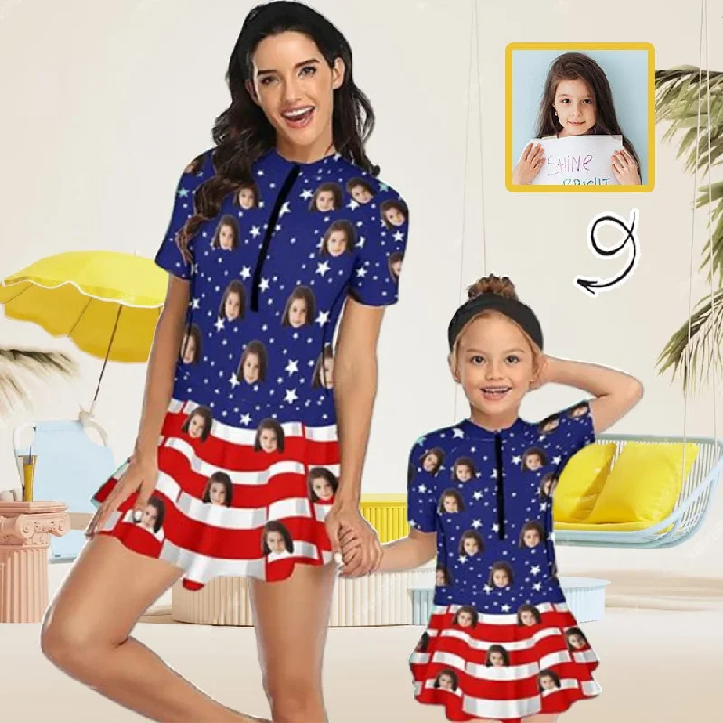 Custom Face American Flag Family Swimsuit Swimdress Personalized One-Piece Swimsuit For Women and Girls High-Cut One-Piece Custom Face American Flag Family Swimsuit Swimdress Personalized One-Piece Swimsuit For Women and Girls High-Cut One-Piece