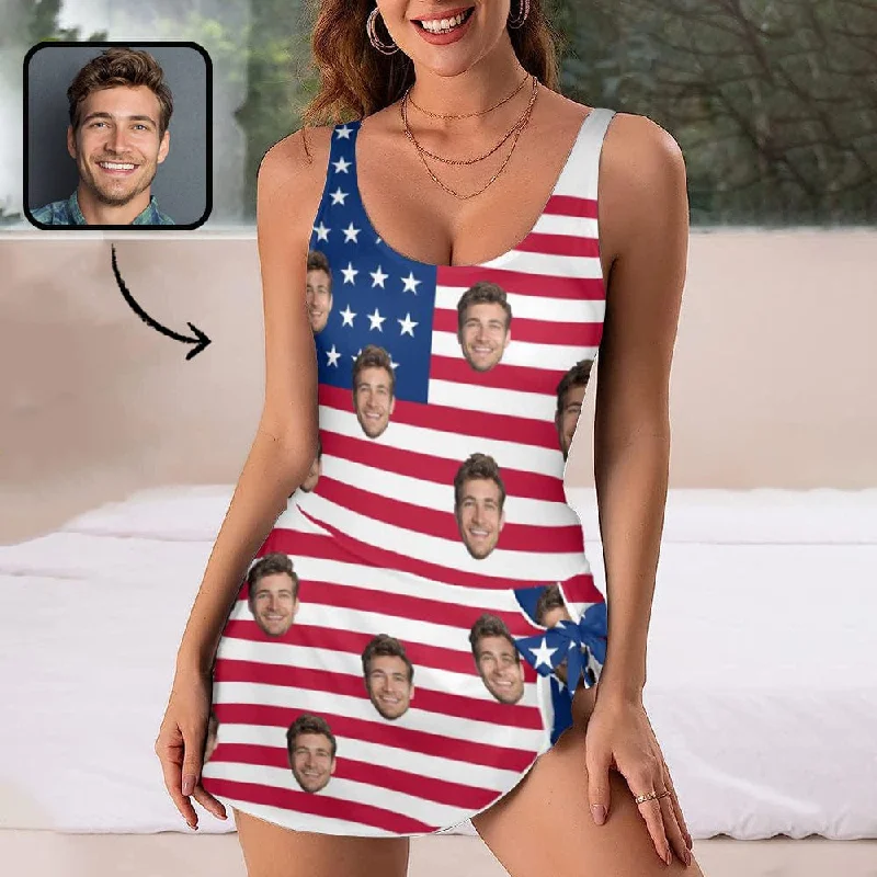 Custom Face American Flag Pattern Women's One Piece Skirted Swimsuit Reversible Bikini Set Custom Face American Flag Pattern Women's One Piece Skirted Swimsuit Reversible Bikini Set