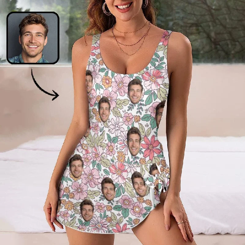 Custom Face Floral Pattern Women's One Piece Skirted Swimsuit Classic Monokini Design Custom Face Floral Pattern Women's One Piece Skirted Swimsuit Classic Monokini Design