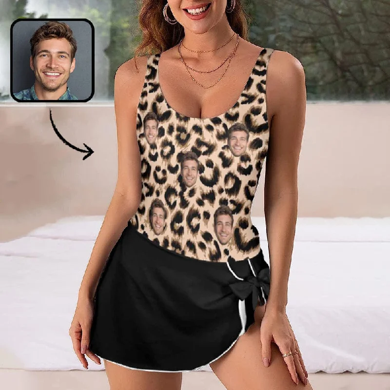 Custom Face Leopard Pattern Top Women's One Piece Skirted Swimsuit Soft Beachwear Set Custom Face Leopard Pattern Top Women's One Piece Skirted Swimsuit Soft Beachwear Set