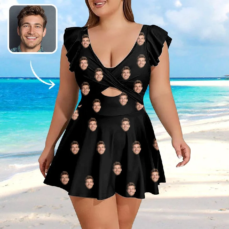 Custom Face Solid Color Women's Ruffle Sleeve Skirted Swimsuit Tropical Print Bikini Custom Face Solid Color Women's Ruffle Sleeve Skirted Swimsuit Tropical Print Bikini
