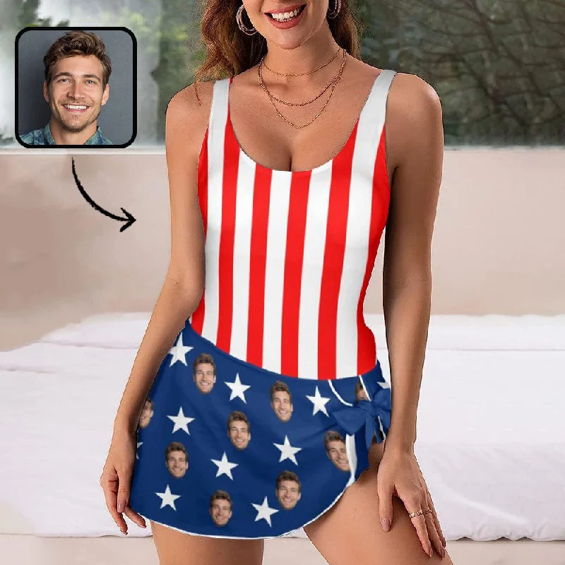 Custom Face Stripes & Stars Women's One Piece Skirted Swimsuit Classic Swimsuit Design Custom Face Stripes & Stars Women's One Piece Skirted Swimsuit Classic Swimsuit Design