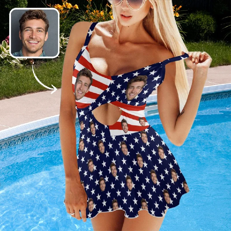 Custom Face Stripes & Stars Women's Twist Front Skirted Swimsuit Classic Swimsuit Design Custom Face Stripes & Stars Women's Twist Front Skirted Swimsuit Classic Swimsuit Design