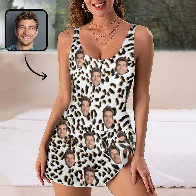 Custom Face White Leopard Pattern Women's One Piece Skirted Swimsuit Crisscross Back Swimsuit