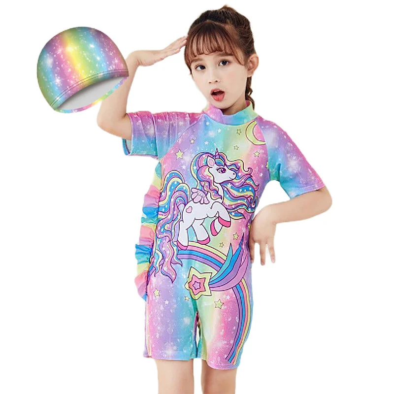 Fancydresswale Girls Swimsuits Half Sleeve Swimwear with Matching Cap -Unicorn Rainbow Tie-Back Swimwear Fancydresswale Girls Swimsuits Half Sleeve Swimwear with Matching Cap -Unicorn Rainbow Tie-Back Swimwear