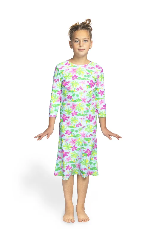 Girls Modest Tznius 3/4 Sleeve UPF 50+ Sun Protection bathing Suit Swimdress (Flamingo / Multi ) Mesh Panel Swimwear Girls Modest Tznius 3/4 Sleeve UPF 50+ Sun Protection bathing Suit Swimdress (Flamingo / Multi ) Mesh Panel Swimwear