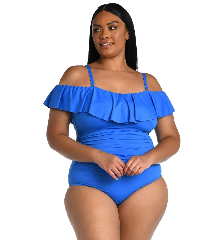 La Blanca Plus Size Island Goddess Off Shoulder Ruffle One Piece Swimsuit Chic Beach Cover-Up La Blanca Plus Size Island Goddess Off Shoulder Ruffle One Piece Swimsuit Chic Beach Cover-Up