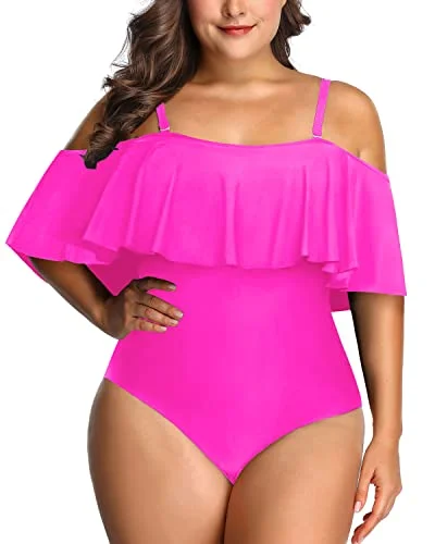 Cute Off Shoulder Flounce Swimwear For Women Plus Size One Piece-Neon Pink Swim Dress with Belt Cute Off Shoulder Flounce Swimwear For Women Plus Size One Piece-Neon Pink Swim Dress with Belt