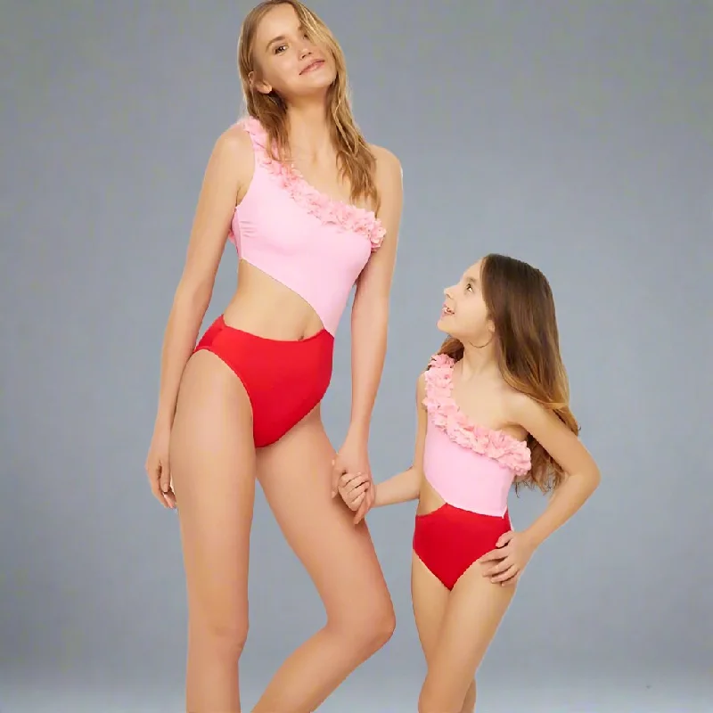 Matching Mother-Daughter Floral Ruffle One-Shoulder Cutout Swimsuit – Pink and Red Classic One-Piece Matching Mother-Daughter Floral Ruffle One-Shoulder Cutout Swimsuit – Pink and Red Classic One-Piece