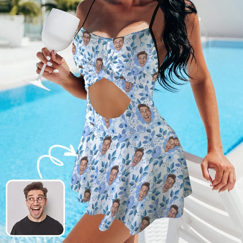 Personalized Face Blue Swimsuit Dress Custom Face Blue leaves Women's Cutout Cross Back Swimming Dress Beach Ready Swimsuit Personalized Face Blue Swimsuit Dress Custom Face Blue leaves Women's Cutout Cross Back Swimming Dress Beach Ready Swimsuit