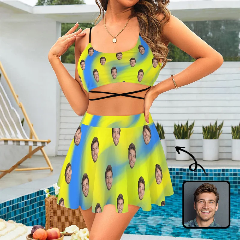 Personalized Face Swimsuit Custom Blue&Yellow Background Women's String Three-Piece Bikini Swimsuit Skirt Mesh Detail Bikini Personalized Face Swimsuit Custom Blue&Yellow Background Women's String Three-Piece Bikini Swimsuit Skirt Mesh Detail Bikini