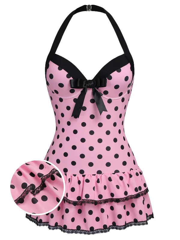 Pink 1940s Halter Polka Dots Bow One-Piece Swimsuit Luxury Swimsuit Style