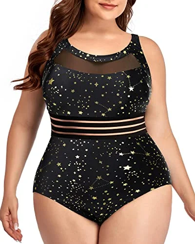 Women One Piece Swimsuits Plus Size Mesh High Neck Vintage Bathing Suits-Gold Stars Classic Swimsuit Design Women One Piece Swimsuits Plus Size Mesh High Neck Vintage Bathing Suits-Gold Stars Classic Swimsuit Design
