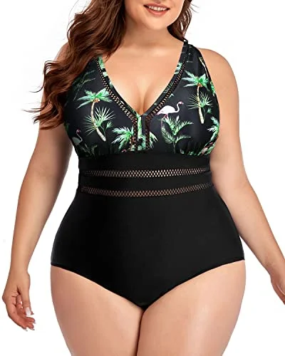 Tummy Control Cheeky One Piece Swimsuits For Women Plus Size-Black Palm Tree Strappy Back Bikini Tummy Control Cheeky One Piece Swimsuits For Women Plus Size-Black Palm Tree Strappy Back Bikini