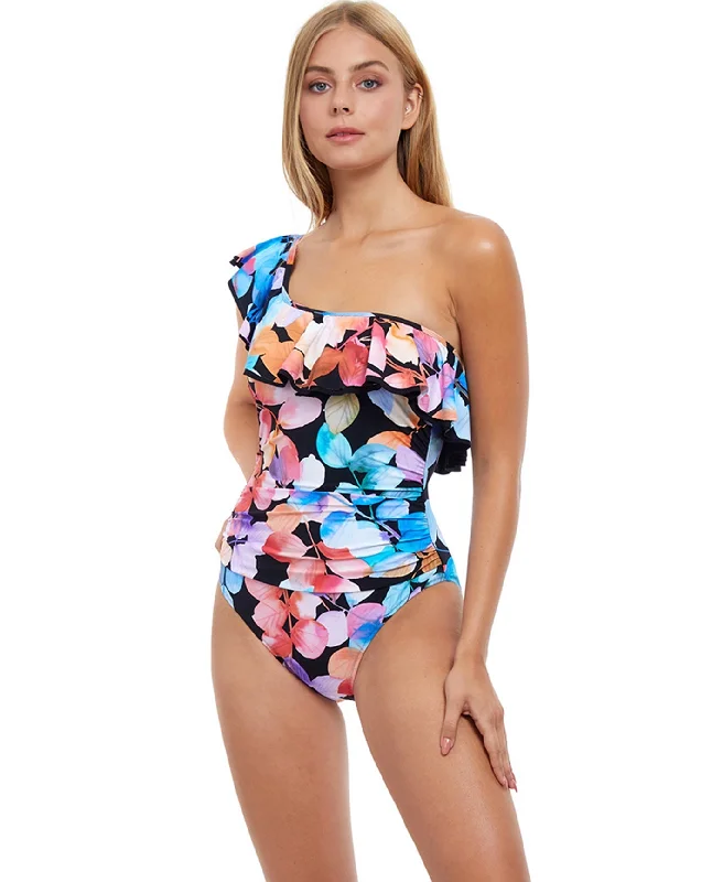 Profile By Gottex Color Rush Black Ruffle One Shoulder One Piece Swimsuit Adjustable Swim Top Profile By Gottex Color Rush Black Ruffle One Shoulder One Piece Swimsuit Adjustable Swim Top