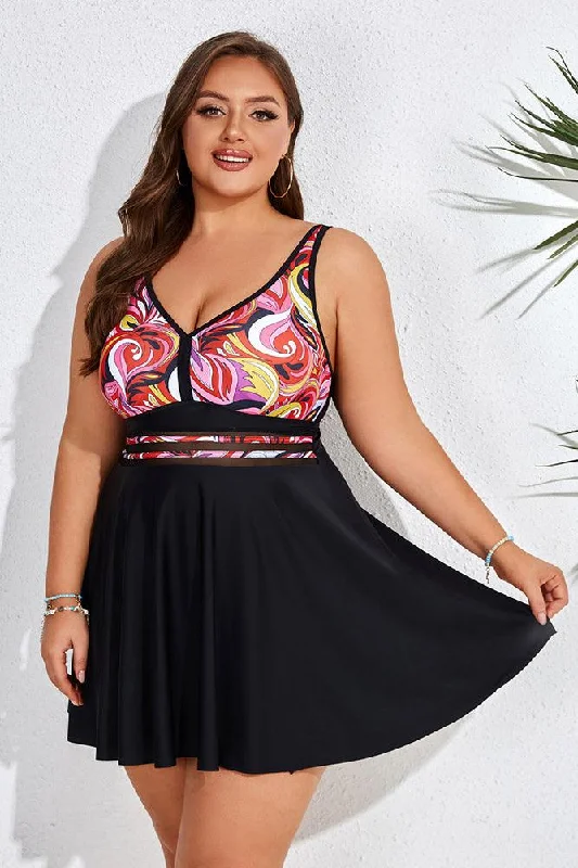 Red Ripple HN Women Plus Size 2pcs Set Swimsuit V-Neck Padded A-Line Tops+Boxer Briefs Crisscross Back Swimsuit Red Ripple HN Women Plus Size 2pcs Set Swimsuit V-Neck Padded A-Line Tops+Boxer Briefs Crisscross Back Swimsuit