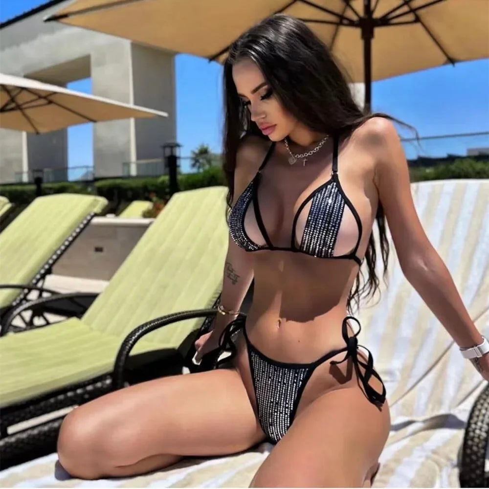 Women Swimwear Two-pieces Bikini Set Shiny Sequins Halter Hollow Out High Cut Bathing Swimsuit Classic Swimsuit Design Women Swimwear Two-pieces Bikini Set Shiny Sequins Halter Hollow Out High Cut Bathing Swimsuit Classic Swimsuit Design