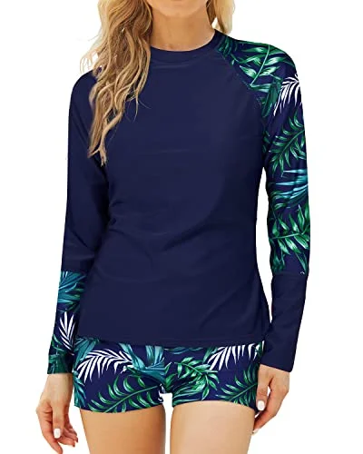 Breathable Uv Block Swimsuits Long Sleeve Swimming Suits Women-Navy Blue Leaf Sporty Racerback Swimsuit Breathable Uv Block Swimsuits Long Sleeve Swimming Suits Women-Navy Blue Leaf Sporty Racerback Swimsuit