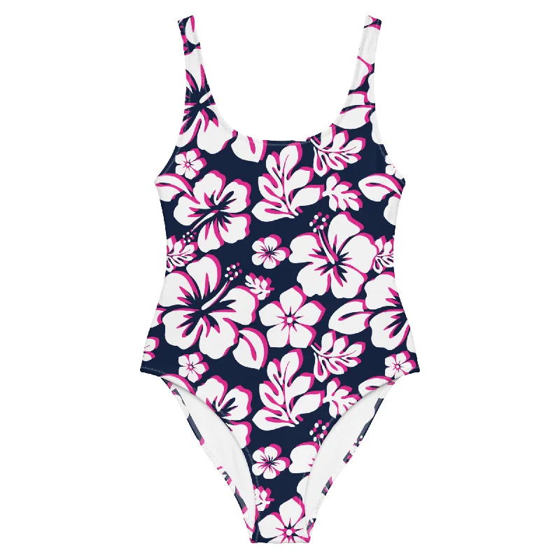 White and Hot Pink Hawaiian Flowers on Navy Blue One Piece Swimsuit Floral Print Swimsuit White and Hot Pink Hawaiian Flowers on Navy Blue One Piece Swimsuit Floral Print Swimsuit