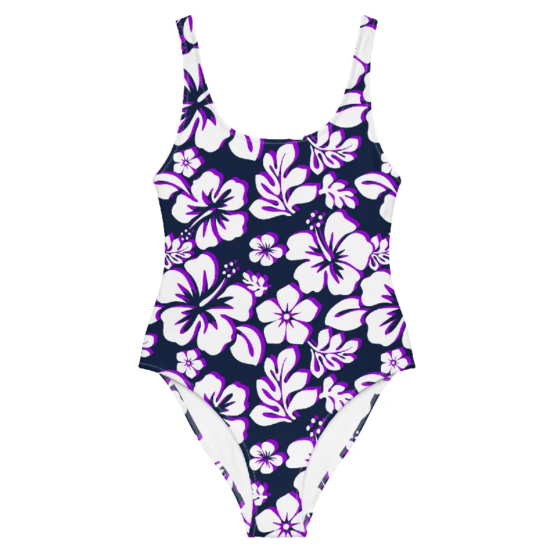 White and Purple Hawaiian Flowers on Navy Blue One Piece Swimsuit Classic Swimsuit Design White and Purple Hawaiian Flowers on Navy Blue One Piece Swimsuit Classic Swimsuit Design