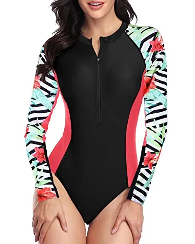 Full Coverage One Piece Long Sleeve Rash Guard Swimsuit-Black And Striped Leaves Quick-Dry Swimsuit Full Coverage One Piece Long Sleeve Rash Guard Swimsuit-Black And Striped Leaves Quick-Dry Swimsuit
