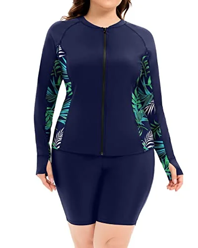 Women's Plus Size Athletic Swimwear Rash Guard And Shorts-Blue Leaf Chic Beach Cover-Up Women's Plus Size Athletic Swimwear Rash Guard And Shorts-Blue Leaf Chic Beach Cover-Up