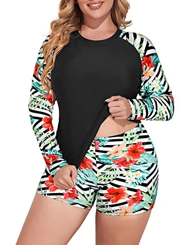 Plus Size Long Sleeve Rash Guard Swimsuit Set Boy Short Swimwear-Black And Striped Leaves Modern High-Waisted Swimsuit Plus Size Long Sleeve Rash Guard Swimsuit Set Boy Short Swimwear-Black And Striped Leaves Modern High-Waisted Swimsuit