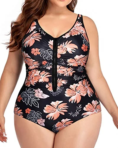 Athletic Plus Size One Piece Zipper Swimsuits For Water Sports-Black Orange Floral Button-Front Swimsuit Athletic Plus Size One Piece Zipper Swimsuits For Water Sports-Black Orange Floral Button-Front Swimsuit