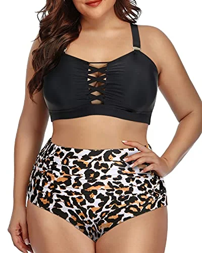 Criss Cross High Waisted Bikini Swimsuit For Plus Size Women-Black And Leopard Classic Sporty Swimsuit Criss Cross High Waisted Bikini Swimsuit For Plus Size Women-Black And Leopard Classic Sporty Swimsuit