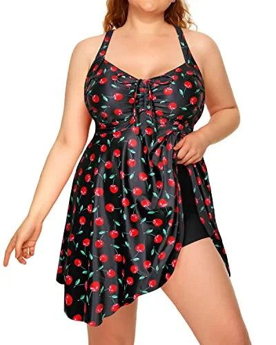 Plus Size Flowy Tankini Swimdress Boyshorts For Women-Black Cherry Plus-Size Bikini Set Plus Size Flowy Tankini Swimdress Boyshorts For Women-Black Cherry Plus-Size Bikini Set