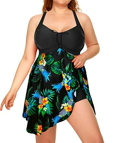 Sexy Cross-Back Flowy Tankini Swimsuits For Plus Size Women-Black Pineapple Classic Two-Piece Bikini Sexy Cross-Back Flowy Tankini Swimsuits For Plus Size Women-Black Pineapple Classic Two-Piece Bikini