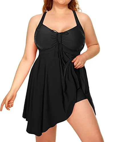 Women's Flowy Tankini Bathing Suit Plus Size Two Piece Swimdress-Black Solid Color Swimsuit Women's Flowy Tankini Bathing Suit Plus Size Two Piece Swimdress-Black Solid Color Swimsuit
