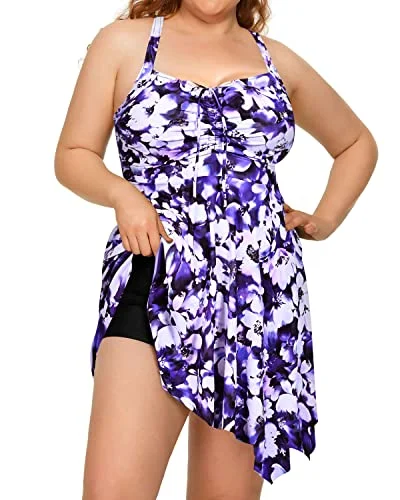 Padded Bra Slimming Two Piece Swimdress Boyshorts For Women-Blue Floral Comfortable Tankini Set Padded Bra Slimming Two Piece Swimdress Boyshorts For Women-Blue Floral Comfortable Tankini Set