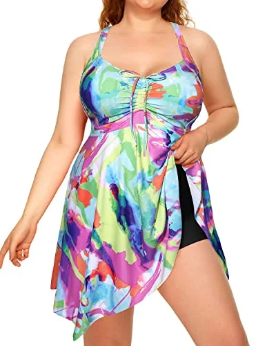 Adjustable Drawstring Flowy Two Piece Swimdress Boyshorts For Women-Color Tie Dye Sleek Mesh Bikini Adjustable Drawstring Flowy Two Piece Swimdress Boyshorts For Women-Color Tie Dye Sleek Mesh Bikini