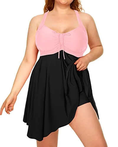 Women's Retro Elegant Skirted Plus Size Two Piece Swimdress-Pink And Black Vintage Swimwear Look Women's Retro Elegant Skirted Plus Size Two Piece Swimdress-Pink And Black Vintage Swimwear Look