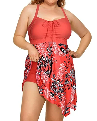Elegant Skirted Tummy Control Two Piece Swimdress Boyshorts For Women-Pink Flower Sleek Racerback Swimsuit Elegant Skirted Tummy Control Two Piece Swimdress Boyshorts For Women-Pink Flower Sleek Racerback Swimsuit