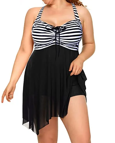 Sexy Criss-Cross Open Back Mesh Swim Dress For Women-Black And White Stripe Ruched Swimwear Set Sexy Criss-Cross Open Back Mesh Swim Dress For Women-Black And White Stripe Ruched Swimwear Set