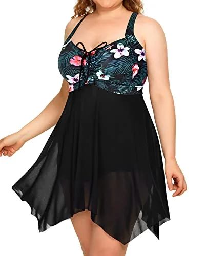 Irregular Hem Mesh Swim Dress Boyshorts Long Torso Swimsuits-Black Floral Stylish Beachwear Set Irregular Hem Mesh Swim Dress Boyshorts Long Torso Swimsuits-Black Floral Stylish Beachwear Set