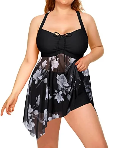 Retro Mesh Long Torso Swimsuits Tankini Two Piece Swim Dress-Black Comfortable Swim Dress Retro Mesh Long Torso Swimsuits Tankini Two Piece Swim Dress-Black Comfortable Swim Dress