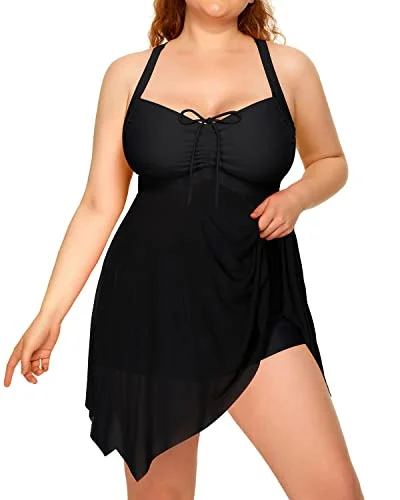 Slimming Ruffled Mesh Swim Dress Boyshorts For Women-Black Two-Piece Beachwear