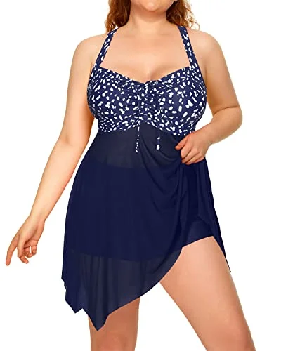 Flowy Hem Mesh Tankini Two Piece Swim Dress Long Torso Swimsuits-Blue Dot High-Cut One-Piece Flowy Hem Mesh Tankini Two Piece Swim Dress Long Torso Swimsuits-Blue Dot High-Cut One-Piece