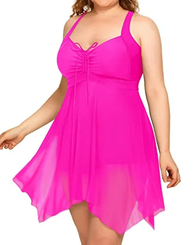 Plus Size Criss-Cross Open Back Two Piece Swim Dress-Neon Pink High-Waisted Swimwear Plus Size Criss-Cross Open Back Two Piece Swim Dress-Neon Pink High-Waisted Swimwear