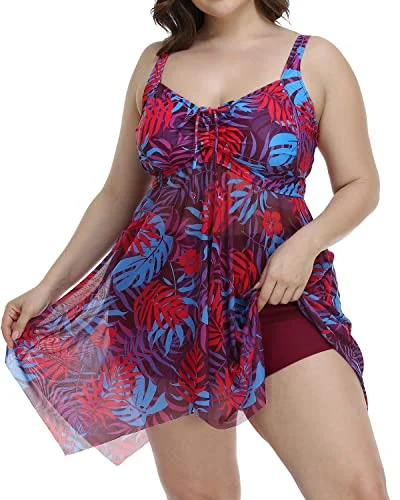 Retro Mesh Two Piece Swim Dress Boyshorts For Plus Size Women-Purple Leaf Classic Monokini Design Retro Mesh Two Piece Swim Dress Boyshorts For Plus Size Women-Purple Leaf Classic Monokini Design