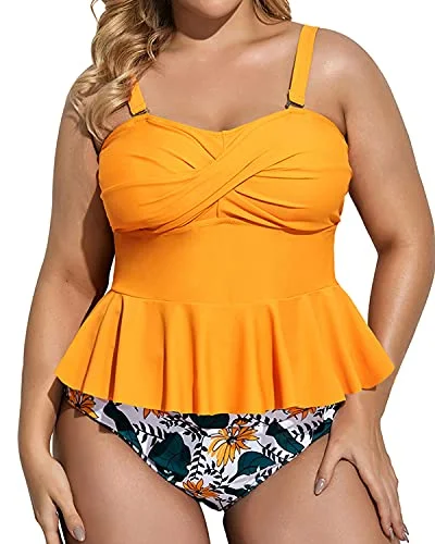 Adjustable Strap Twist Front Two Piece Tankini Set-Yellow Floral Trendy Swimsuit Bottoms Adjustable Strap Twist Front Two Piece Tankini Set-Yellow Floral Trendy Swimsuit Bottoms