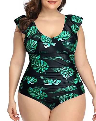 Tummy Control Plus Size One Piece Swimsuits-Black And Green Leaf High-Waist Bikini Set Tummy Control Plus Size One Piece Swimsuits-Black And Green Leaf High-Waist Bikini Set