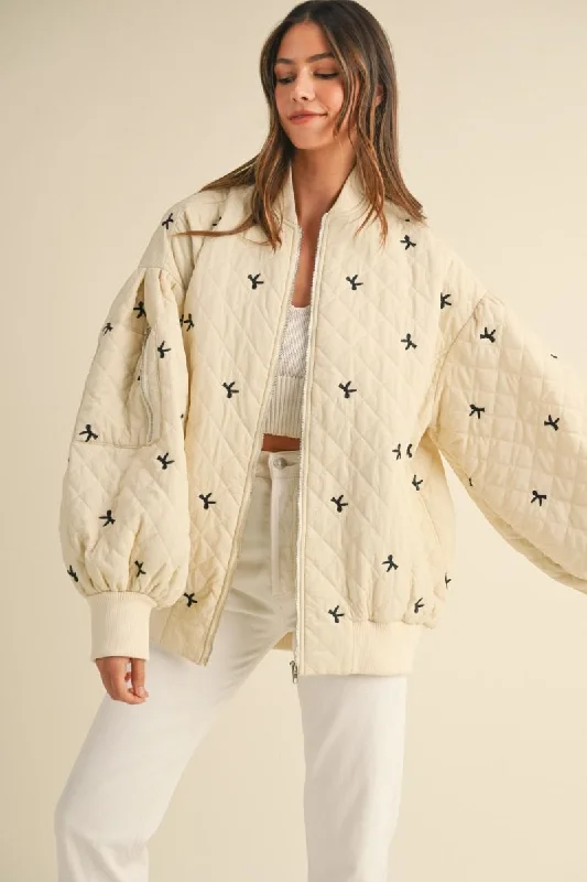 BOW PRINT QUILTED OVERSIZED BOMBER JACKET Satin Jacket Silk Jacket Chiffon Jacket