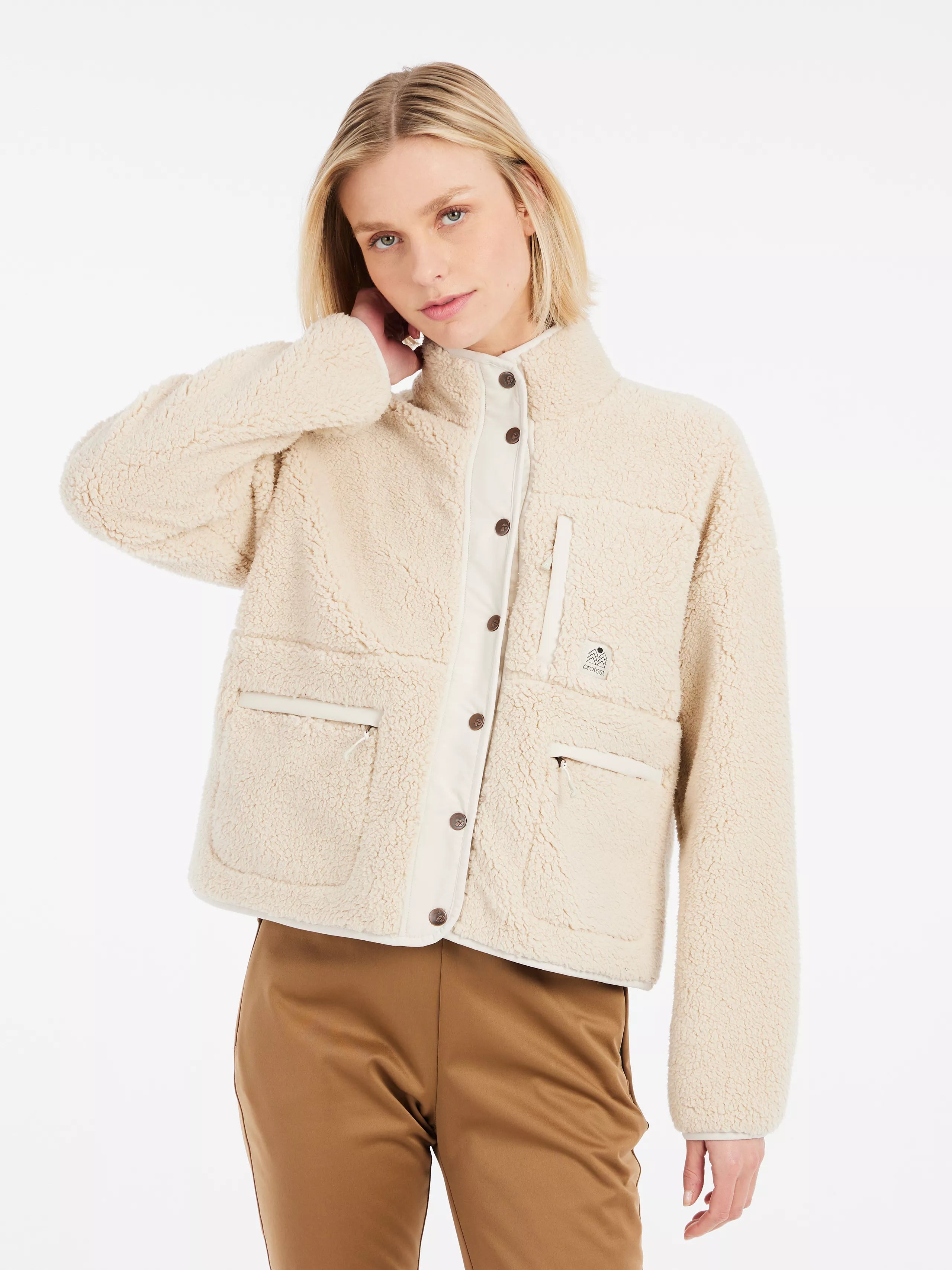 PRTLux Outdoor Full Zip Top Fleece Jacket - Off White Front Pockets Side Pockets Patch Pockets PRTLux Outdoor Full Zip Top Fleece Jacket - Off White Front Pockets Side Pockets Patch Pockets