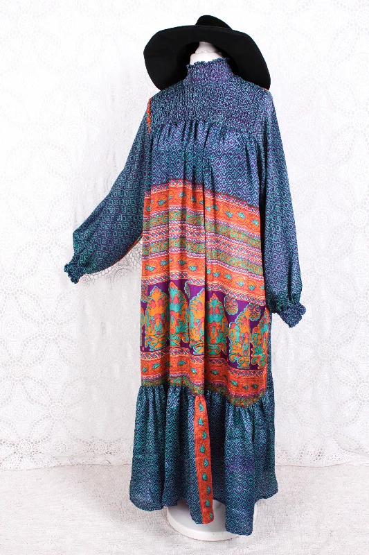 Mona Maxi Dress - Vintage Indian Sari - Violet, Turquoise & Peach Nouveau - Free Size Trendy Satin Maxi Dress Mona Maxi Dress - Vintage Indian Sari - Violet, Turquoise & Peach Nouveau - Free Size Trendy Satin Maxi Dress