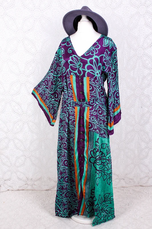 Jasmine Maxi Dress - Purple & Jade Vintage Sari - Size M/L Trendy Ruffled Maxi Dress Jasmine Maxi Dress - Purple & Jade Vintage Sari - Size M/L Trendy Ruffled Maxi Dress